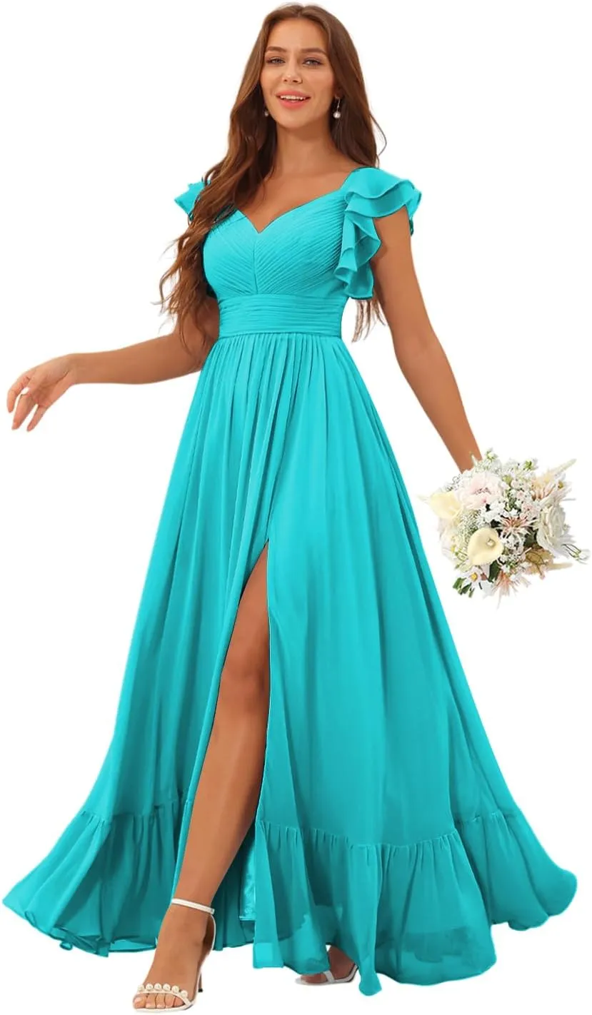 Clothfun Women's Ruffle Sleeves Bridesmaid Dresses Long A Line Chiffon Formal Party Dress with Pockets CY137