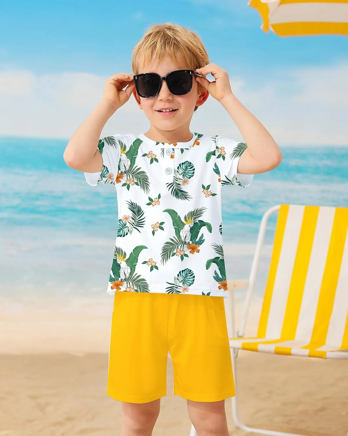 Coco&RARA Toddler Boy Clothes Outfits Kid Summer Hawaiian Print T-Shirt   Elastic Waist Pockets Shorts Clothes Set 2-7T