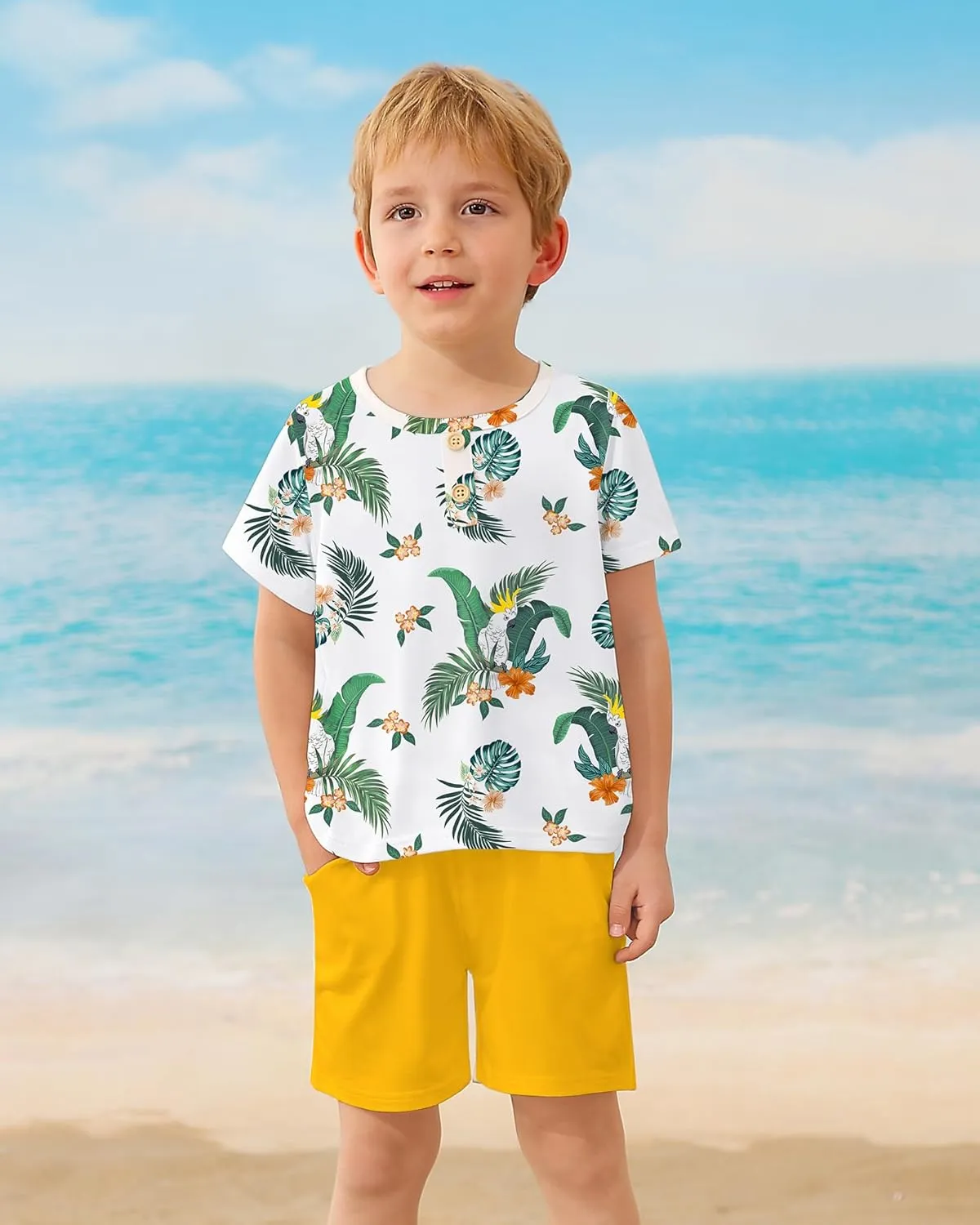 Coco&RARA Toddler Boy Clothes Outfits Kid Summer Hawaiian Print T-Shirt   Elastic Waist Pockets Shorts Clothes Set 2-7T