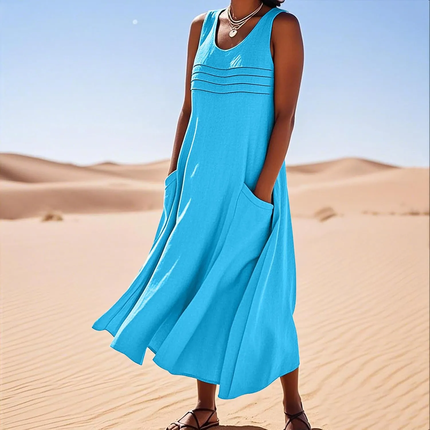 Cotton Linen Tank Dresses for Women Casual Summer Sleeveless Pleated Front Scoop Neck Flowy Midi Sundress with Pockets