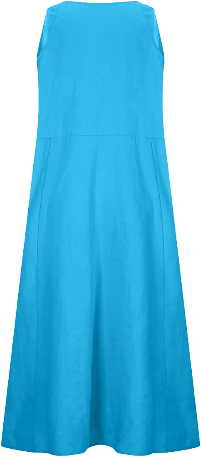 Cotton Linen Tank Dresses for Women Casual Summer Sleeveless Pleated Front Scoop Neck Flowy Midi Sundress with Pockets