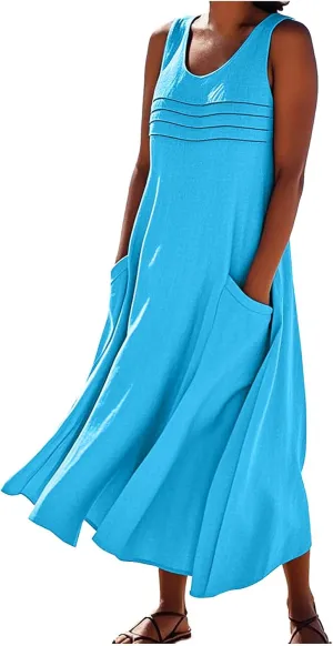 Cotton Linen Tank Dresses for Women Casual Summer Sleeveless Pleated Front Scoop Neck Flowy Midi Sundress with Pockets