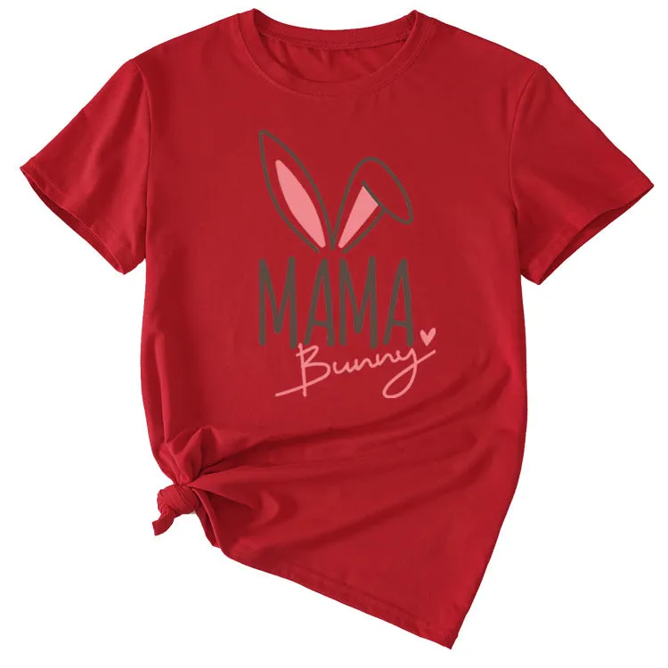 Cute Mama Bunny Pattern Women's Casual Round Neck Short Sleeve T-Shirt