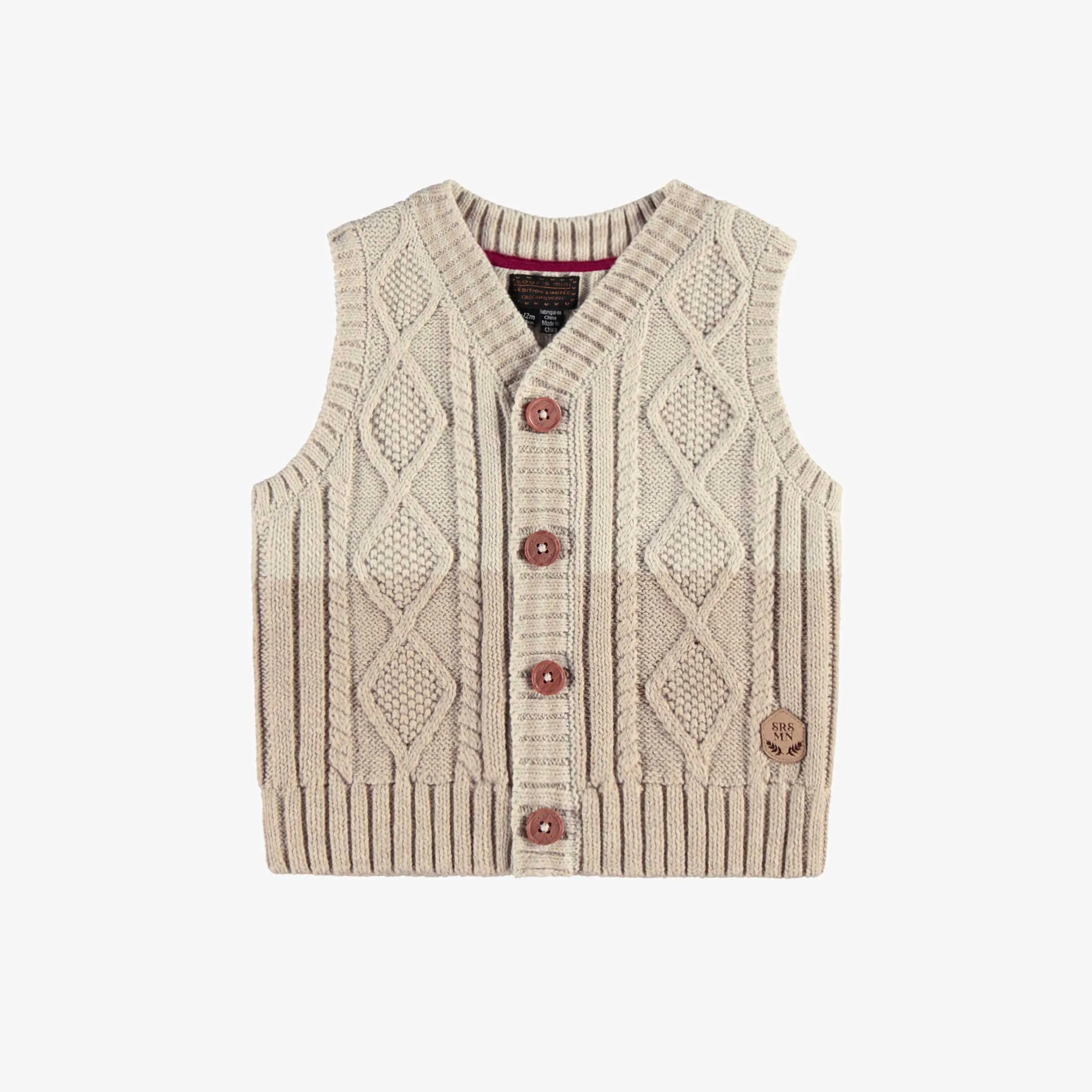 Débardeur beige en tricot torsadé, bébé || Beige cable-knit sleeveless vest, baby