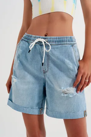 Denim shorts with elastic waist in wash blue