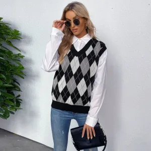 Diamond V-Neck Knit Vest Wholesale Women Clothing