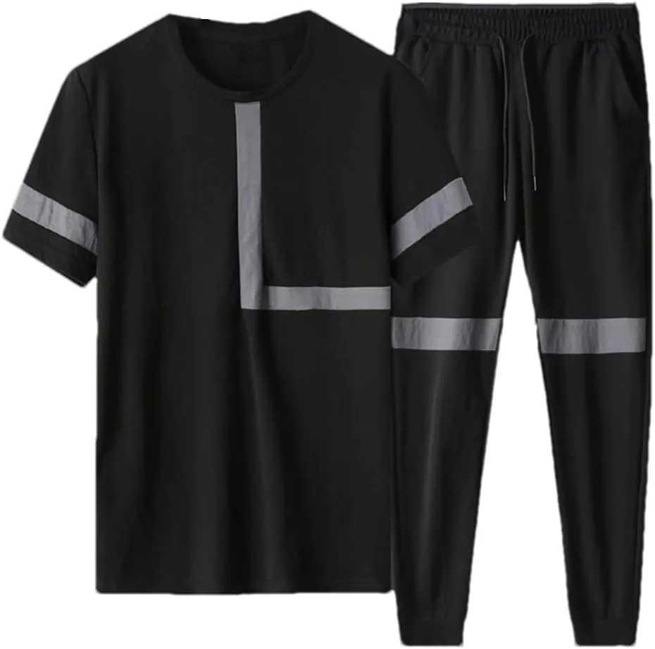 Dninmim Sports Suit Men's Summer Quick Dry Short-Sleeved T-Shirt Long Trousers Two-Piece Thin Section Black