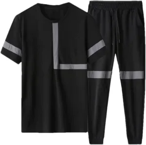 Dninmim Sports Suit Men's Summer Quick Dry Short-Sleeved T-Shirt Long Trousers Two-Piece Thin Section Black