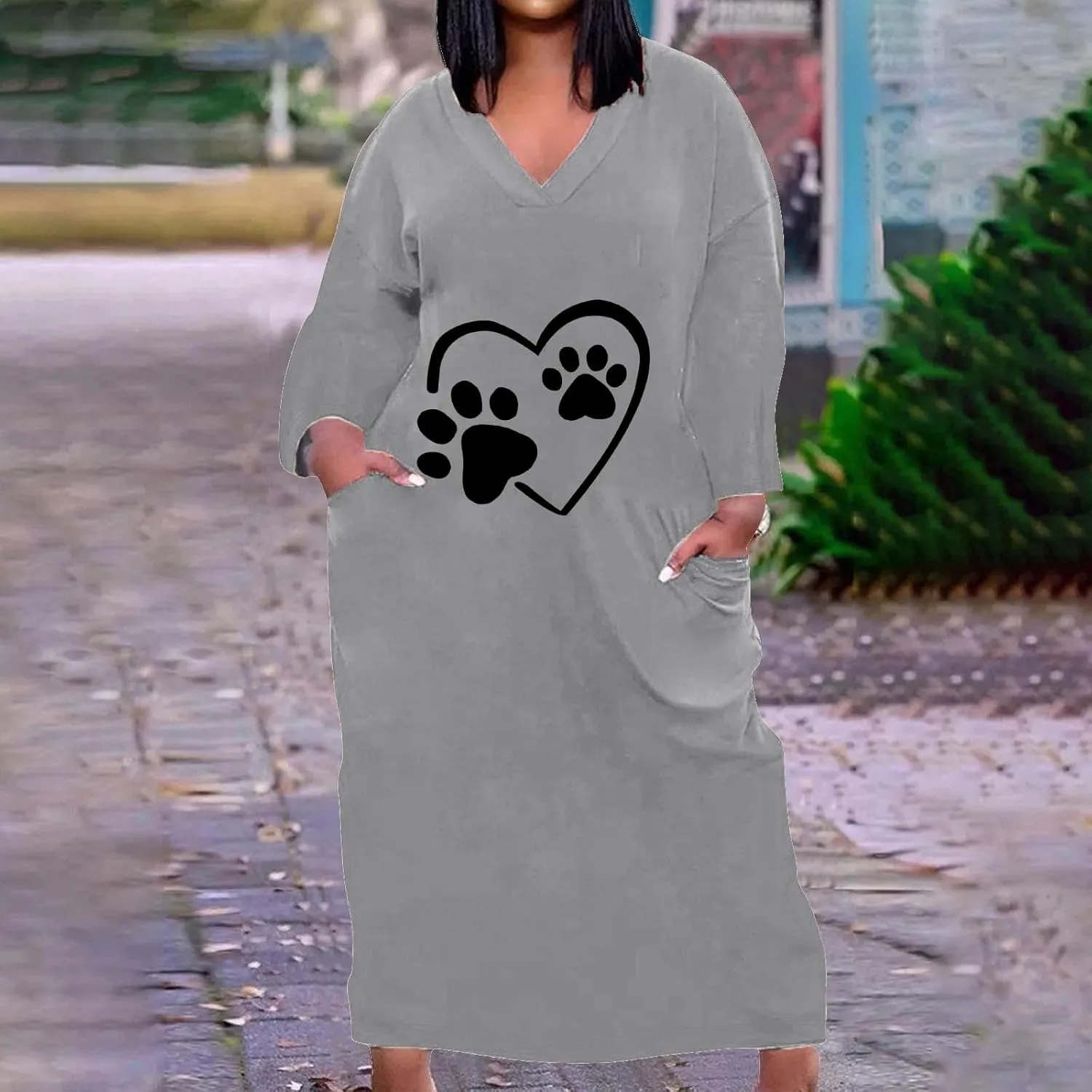 Dog Lover Fall Tshirt Dress for Women Cute Dog Paw Heart Printed Long Sleeve V Neck Plus Size Maxi Dresses with Pockets