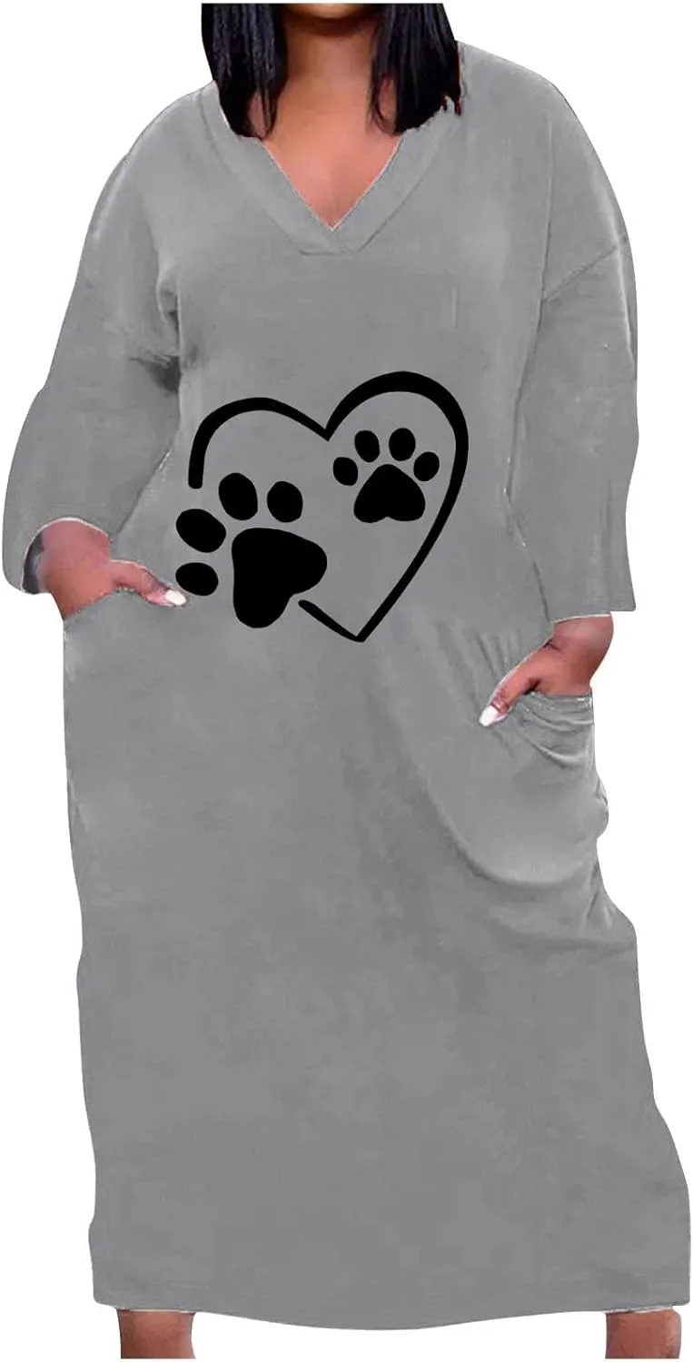 Dog Lover Fall Tshirt Dress for Women Cute Dog Paw Heart Printed Long Sleeve V Neck Plus Size Maxi Dresses with Pockets