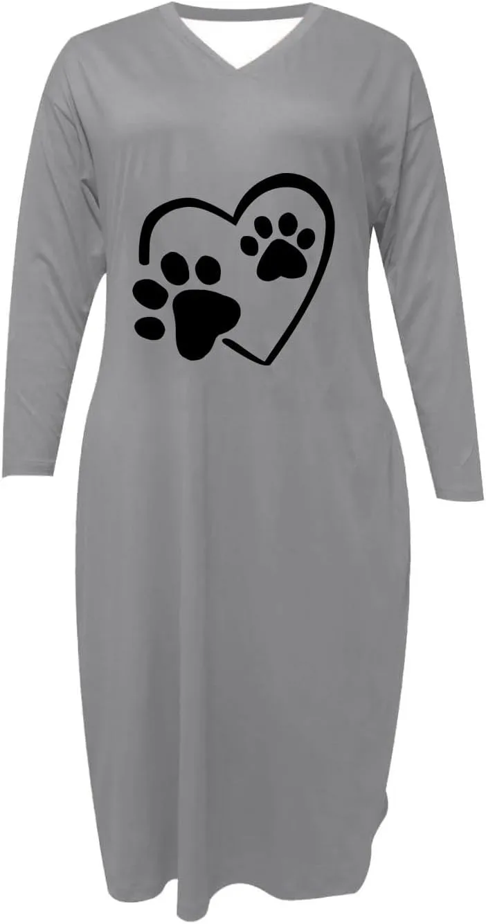 Dog Lover Fall Tshirt Dress for Women Cute Dog Paw Heart Printed Long Sleeve V Neck Plus Size Maxi Dresses with Pockets