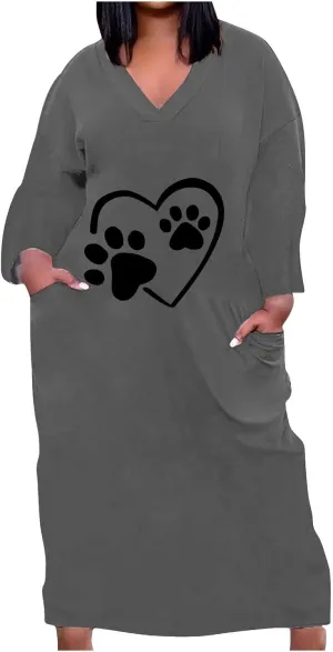 Dog Lover Fall Tshirt Dress for Women Cute Dog Paw Heart Printed Long Sleeve V Neck Plus Size Maxi Dresses with Pockets