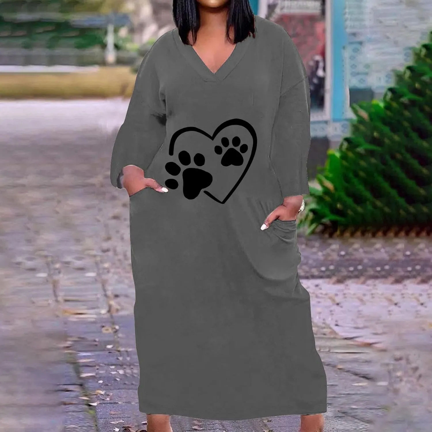 Dog Lover Fall Tshirt Dress for Women Cute Dog Paw Heart Printed Long Sleeve V Neck Plus Size Maxi Dresses with Pockets