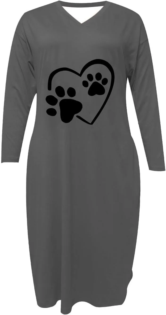 Dog Lover Fall Tshirt Dress for Women Cute Dog Paw Heart Printed Long Sleeve V Neck Plus Size Maxi Dresses with Pockets