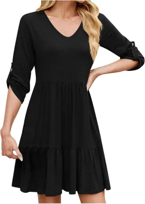 Dresses for Women 2025 Casual Spring Summer Roll Up 3/4 Sleeve V Neck Flowy Tiered Ruffle A Line Swing Mini Tunic Dress