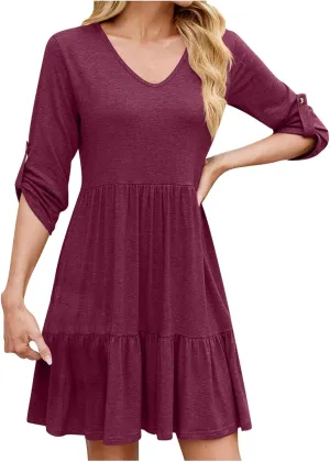 Dresses for Women 2025 Casual Spring Summer Roll Up 3/4 Sleeve V Neck Flowy Tiered Ruffle A Line Swing Mini Tunic Dress