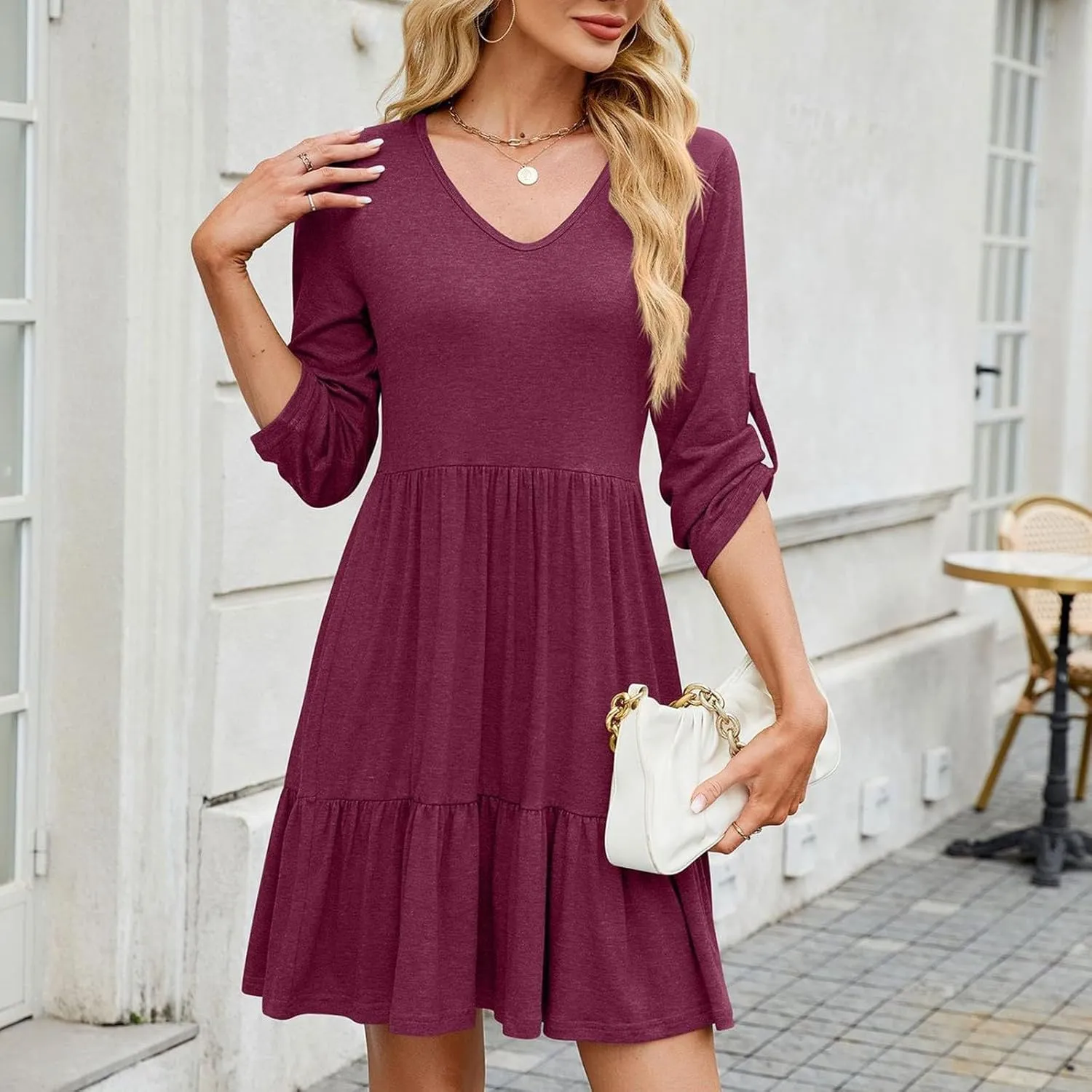 Dresses for Women 2025 Casual Spring Summer Roll Up 3/4 Sleeve V Neck Flowy Tiered Ruffle A Line Swing Mini Tunic Dress