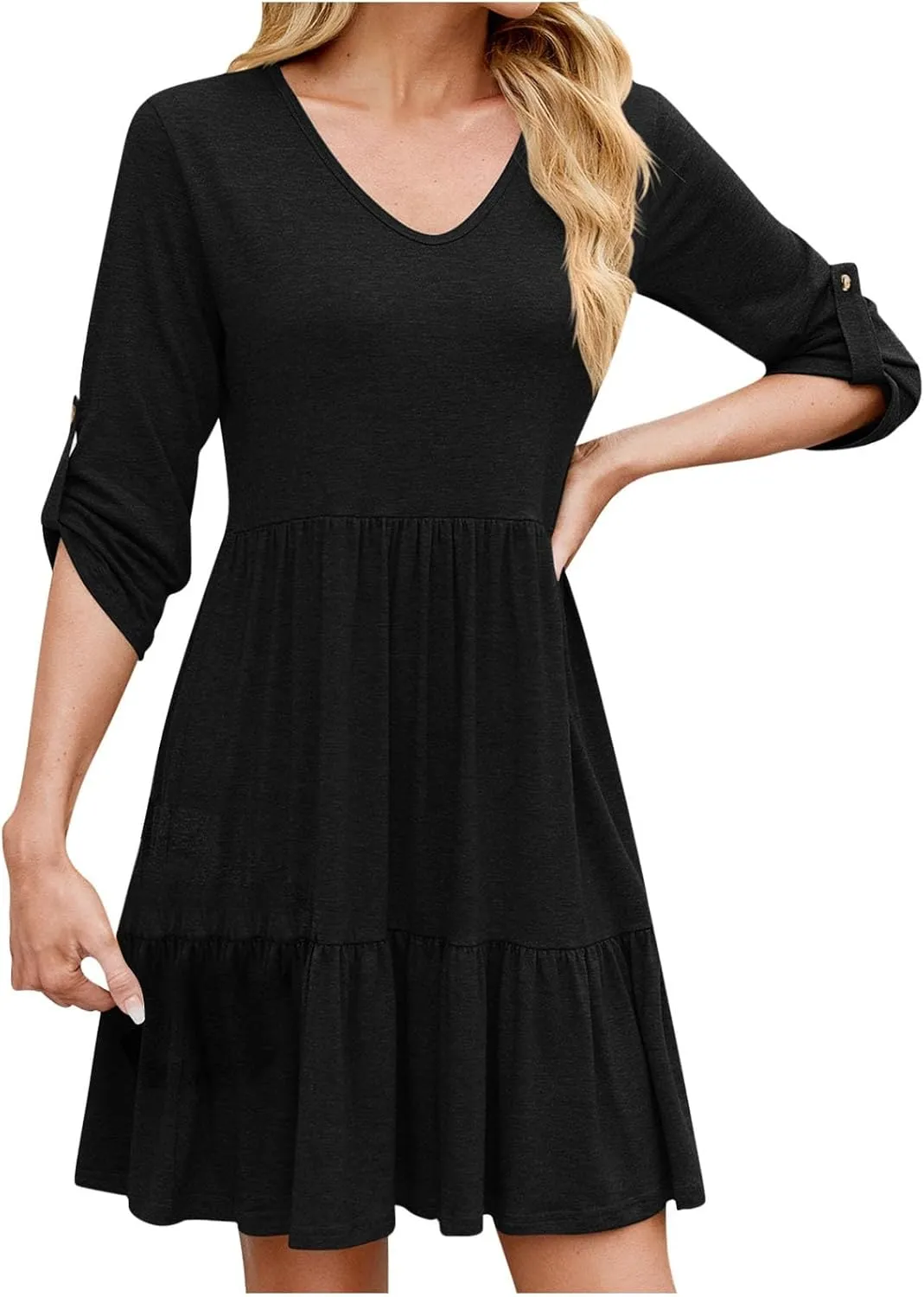 Dresses for Women 2025 Casual Spring Summer Roll Up 3/4 Sleeve V Neck Flowy Tiered Ruffle A Line Swing Mini Tunic Dress
