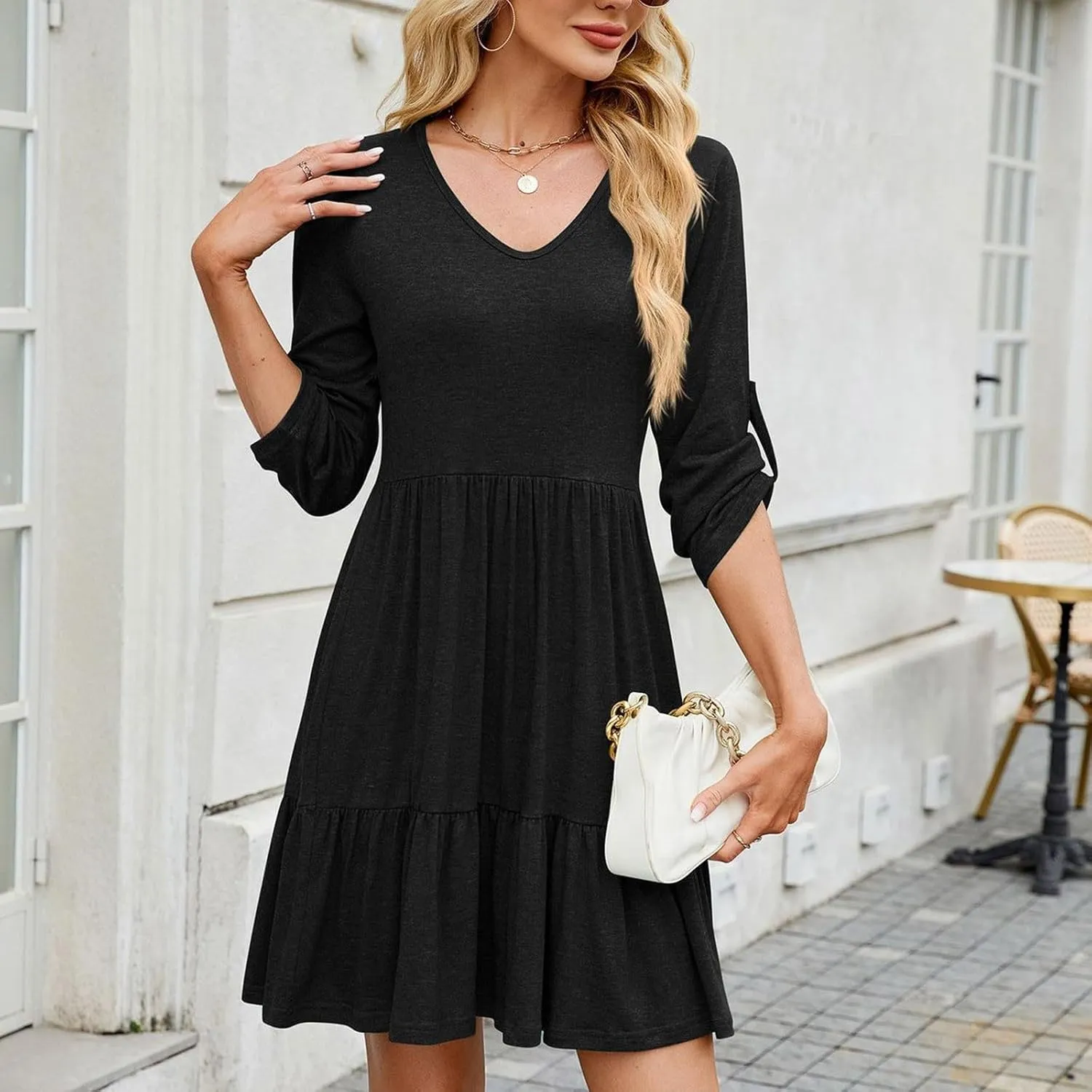 Dresses for Women 2025 Casual Spring Summer Roll Up 3/4 Sleeve V Neck Flowy Tiered Ruffle A Line Swing Mini Tunic Dress