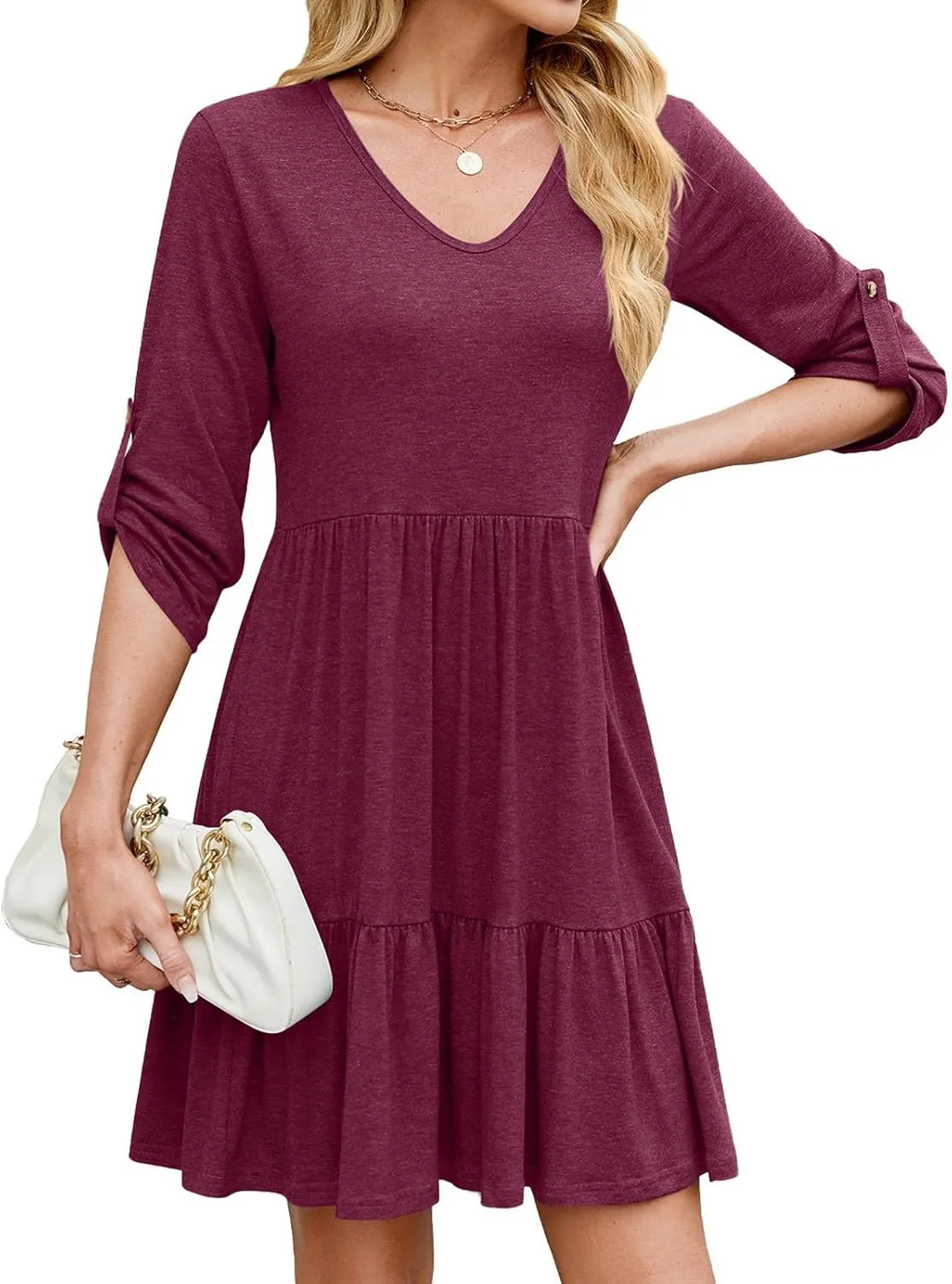 Dresses for Women 2025 Casual Spring Summer Roll Up 3/4 Sleeve V Neck Flowy Tiered Ruffle A Line Swing Mini Tunic Dress
