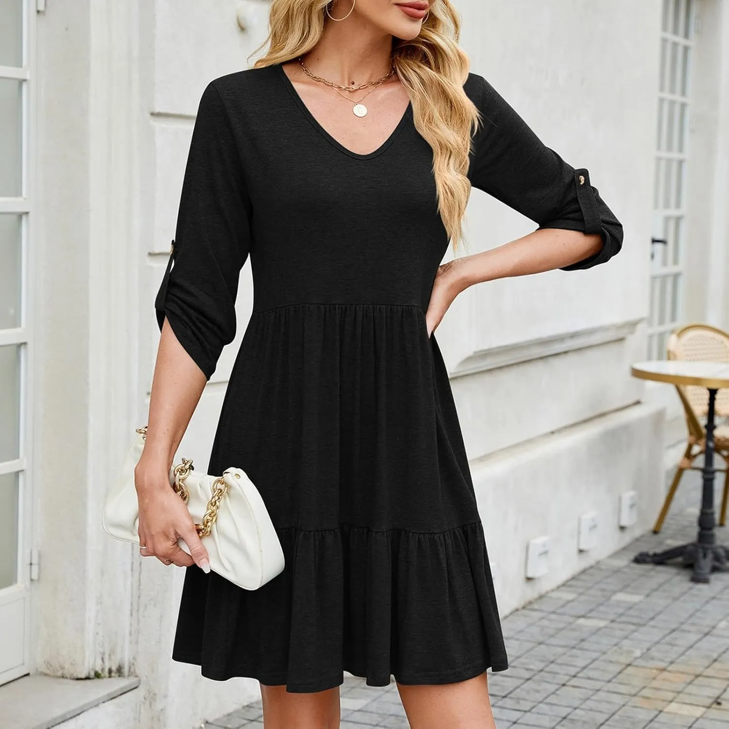 Dresses for Women 2025 Casual Spring Summer Roll Up 3/4 Sleeve V Neck Flowy Tiered Ruffle A Line Swing Mini Tunic Dress