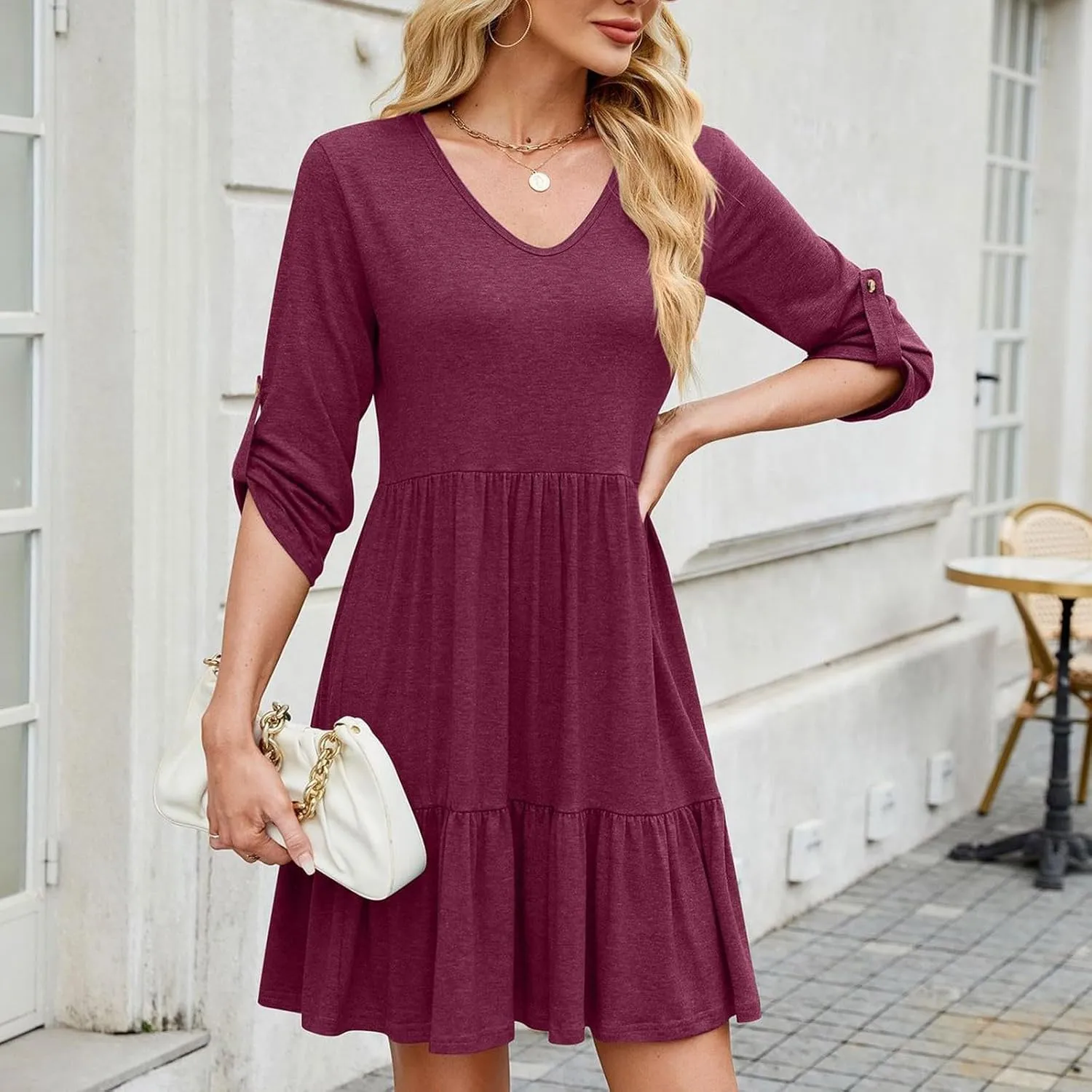 Dresses for Women 2025 Casual Spring Summer Roll Up 3/4 Sleeve V Neck Flowy Tiered Ruffle A Line Swing Mini Tunic Dress
