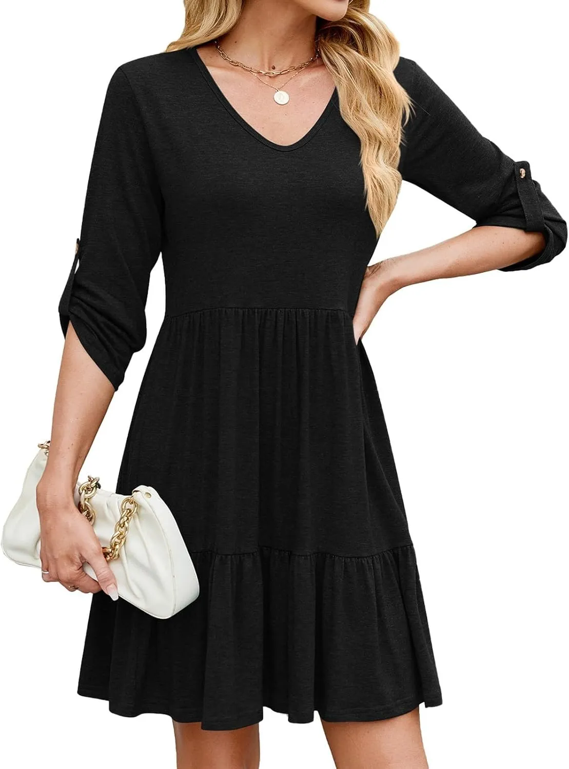 Dresses for Women 2025 Casual Spring Summer Roll Up 3/4 Sleeve V Neck Flowy Tiered Ruffle A Line Swing Mini Tunic Dress
