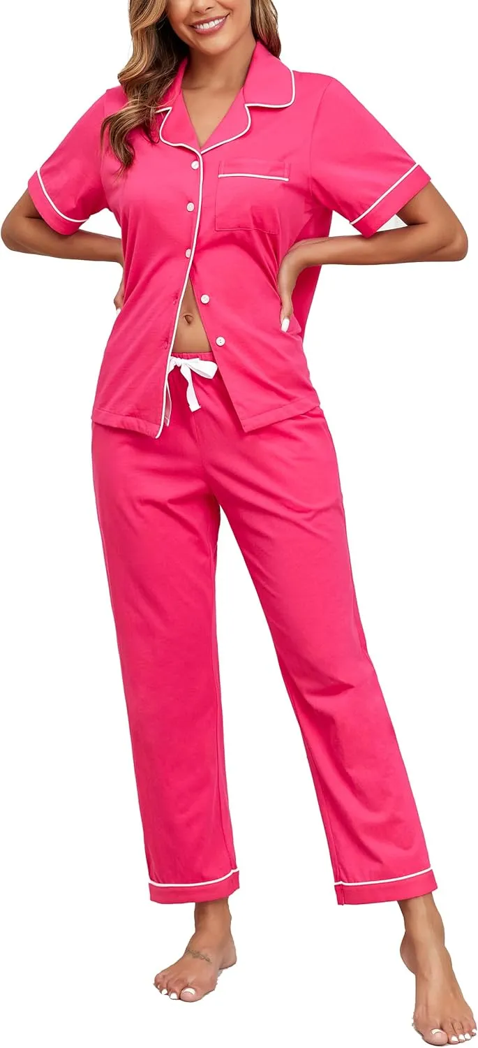 EA'S SECRET Womens 100% Cotton Pajama Sets Short Sleeve Shirt and Pajama Pants Soft Sleepwear Button Down Pjs for Women