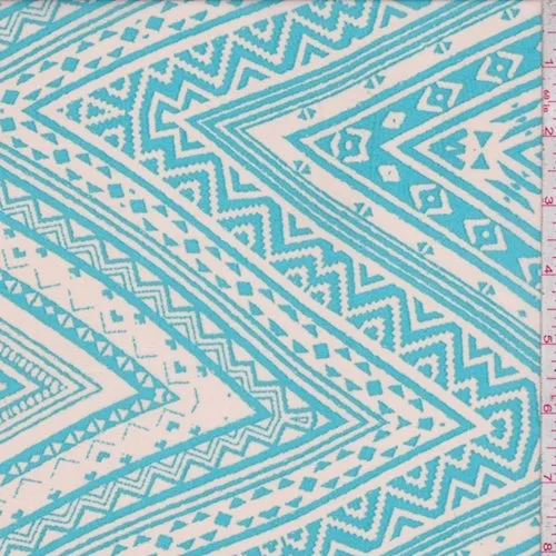 Ecru/Turquoise Aztec Zig Zag Georgette Fabric