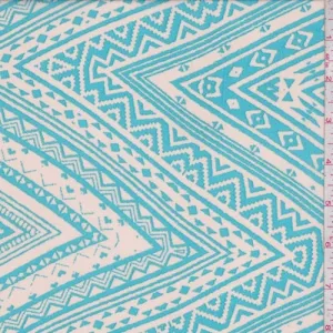 Ecru/Turquoise Aztec Zig Zag Georgette Fabric