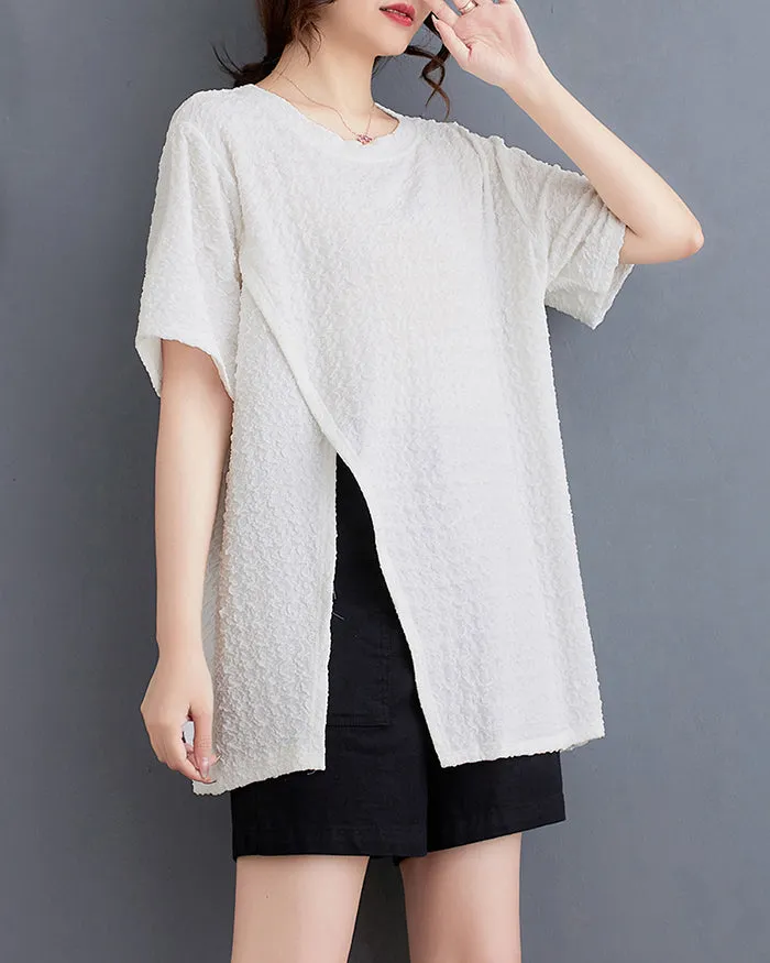 ellazhu Women's Shirt Short Sleeve Loose Oversize Crewneck Solid Split Hem Pullover Casual GA2746