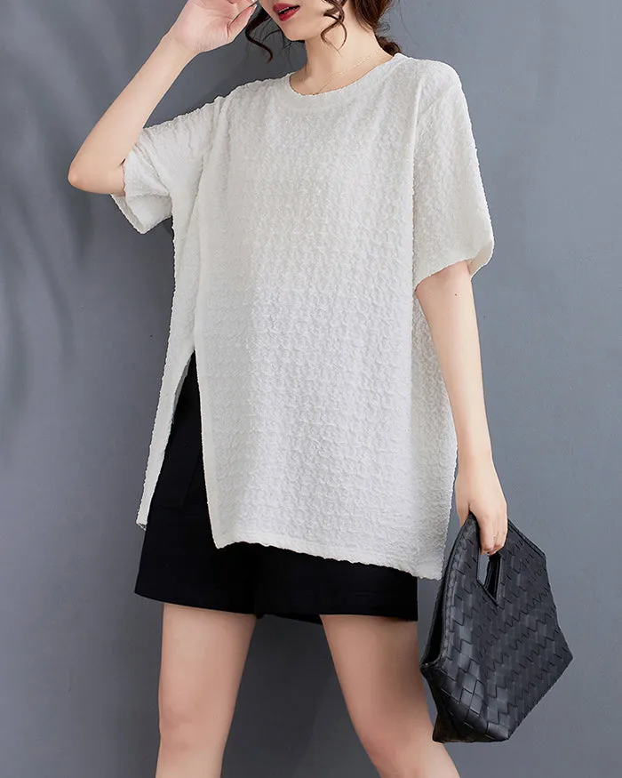 ellazhu Women's Shirt Short Sleeve Loose Oversize Crewneck Solid Split Hem Pullover Casual GA2746