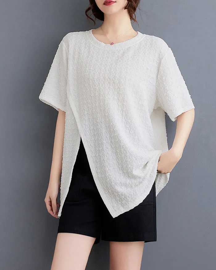 ellazhu Women's Shirt Short Sleeve Loose Oversize Crewneck Solid Split Hem Pullover Casual GA2746