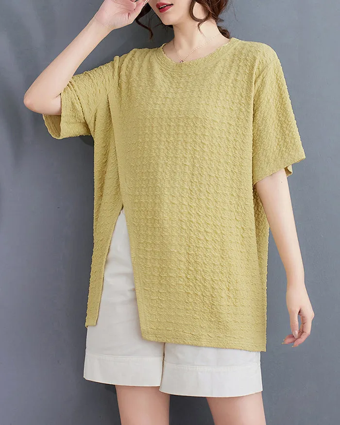 ellazhu Women's Shirt Short Sleeve Loose Oversize Crewneck Solid Split Hem Pullover Casual GA2746