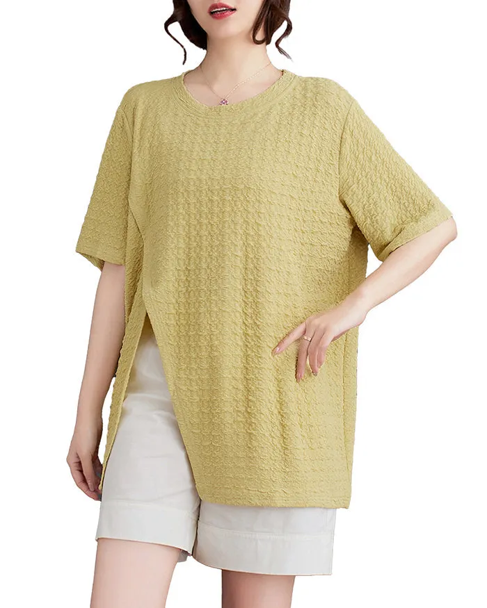 ellazhu Women's Shirt Short Sleeve Loose Oversize Crewneck Solid Split Hem Pullover Casual GA2746