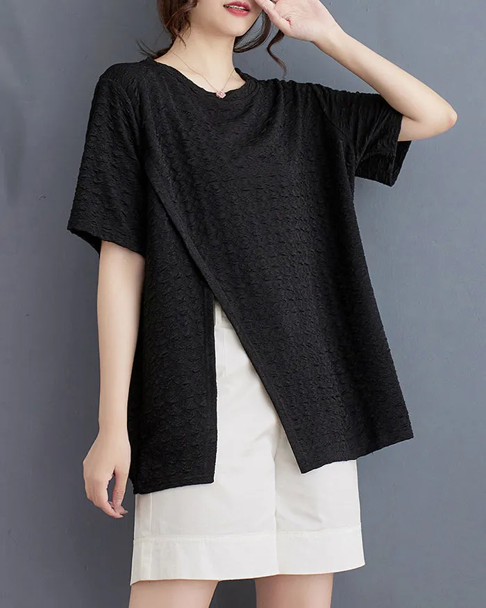 ellazhu Women's Shirt Short Sleeve Loose Oversize Crewneck Solid Split Hem Pullover Casual GA2746