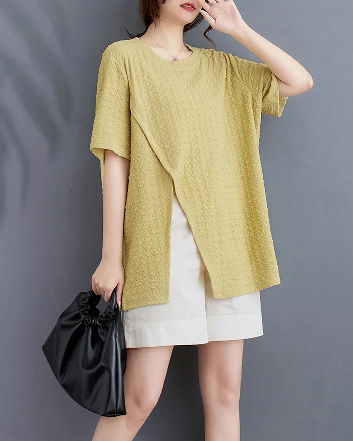 ellazhu Women's Shirt Short Sleeve Loose Oversize Crewneck Solid Split Hem Pullover Casual GA2746