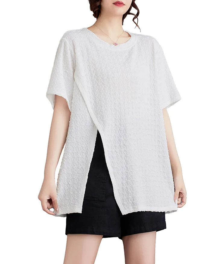 ellazhu Women's Shirt Short Sleeve Loose Oversize Crewneck Solid Split Hem Pullover Casual GA2746