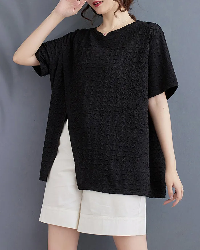 ellazhu Women's Shirt Short Sleeve Loose Oversize Crewneck Solid Split Hem Pullover Casual GA2746