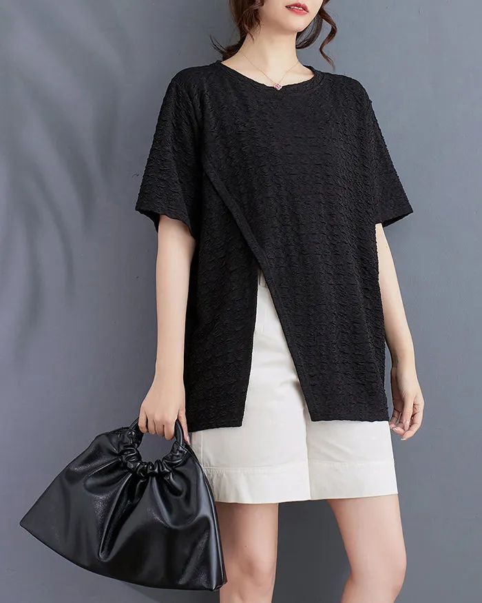 ellazhu Women's Shirt Short Sleeve Loose Oversize Crewneck Solid Split Hem Pullover Casual GA2746