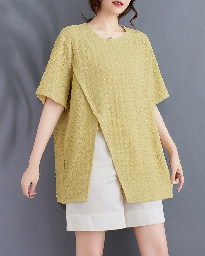 ellazhu Women's Shirt Short Sleeve Loose Oversize Crewneck Solid Split Hem Pullover Casual GA2746