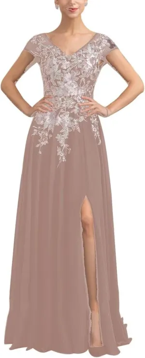 Embroidery V Neck Mother of The Bride Dresses for Wedding 2025 Lace Chiffon Maxi Formal Mother Groom Dress with Slits