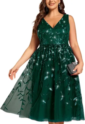 Ever-Pretty A Line V Neck Sleeveless Sequin Plus Size Midi Summer Cocktail Wedding Guest Dresses for Curvy Women 02106-DA