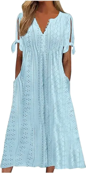 Eyelet Dress for Women Summer Beach Vacation Casual Cutout Short Sleeve Pleated V Neck Button Flowy Tshirt Midi Dresses