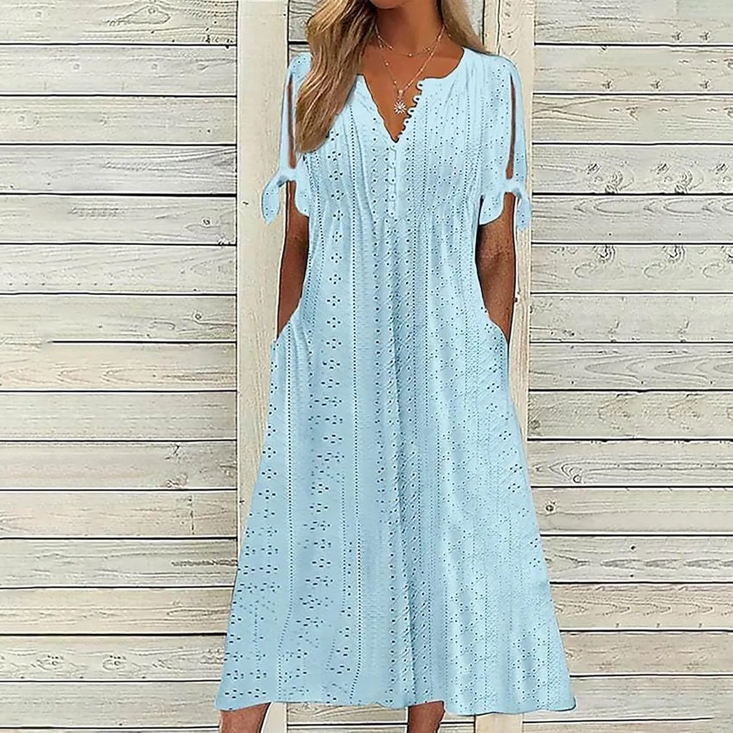 Eyelet Dress for Women Summer Beach Vacation Casual Cutout Short Sleeve Pleated V Neck Button Flowy Tshirt Midi Dresses