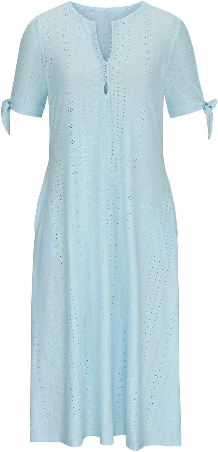 Eyelet Dress for Women Summer Beach Vacation Casual Cutout Short Sleeve Pleated V Neck Button Flowy Tshirt Midi Dresses