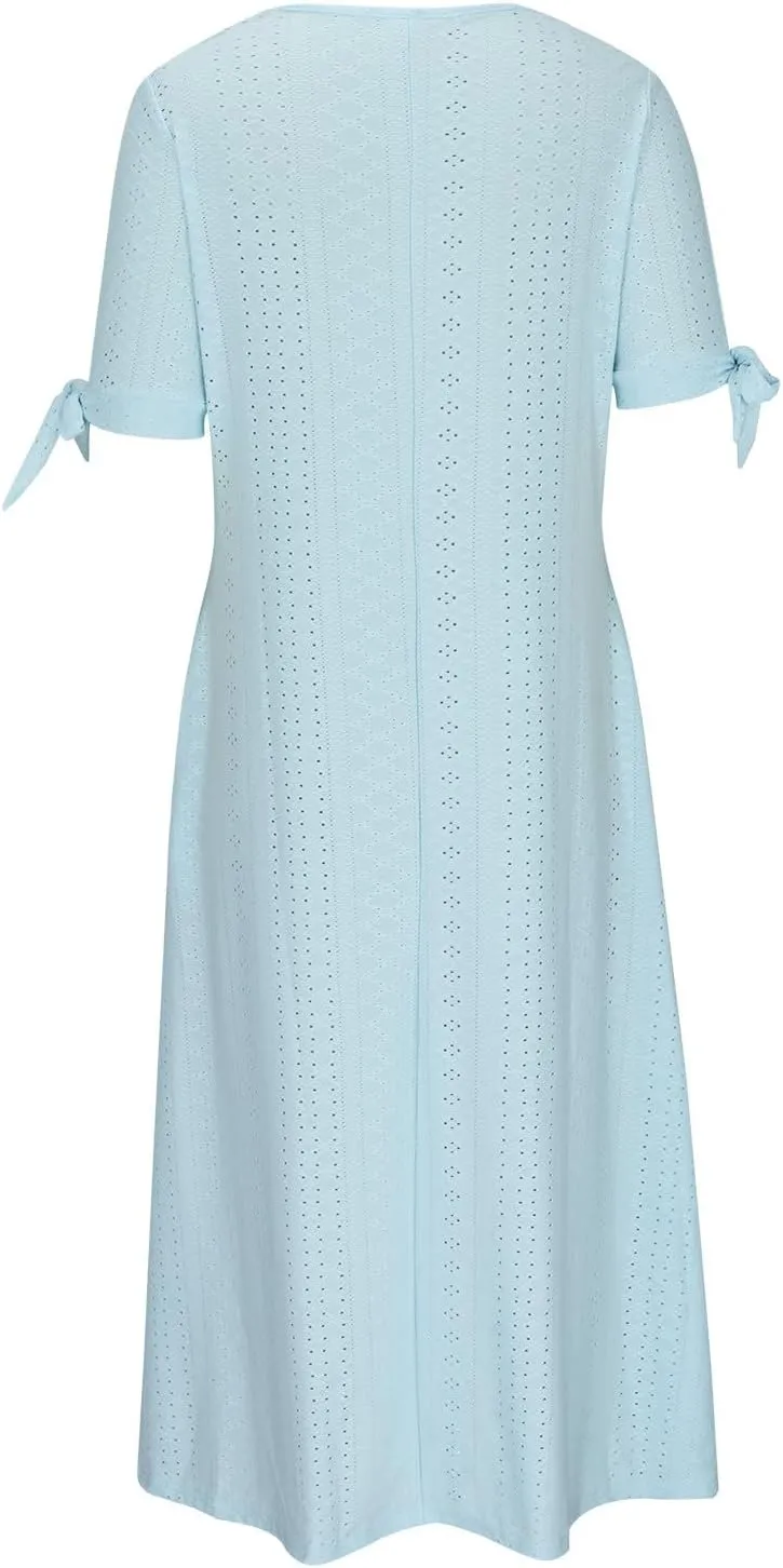 Eyelet Dress for Women Summer Beach Vacation Casual Cutout Short Sleeve Pleated V Neck Button Flowy Tshirt Midi Dresses