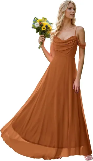 Fair Lady Chiffon Bridesmaid Dresses for Women Long Spaghetti Straps Cold Shoulder Ruffle Formal Evening Party Gowns