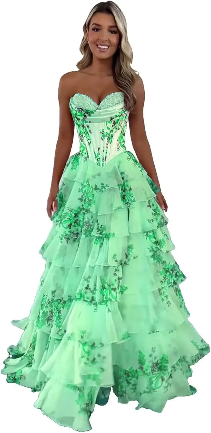 Fair Lady Strapless Prom Dresses for Women Long Corset Tiered Ruffle Chiffon Formal Evening Party Gowns with Slit