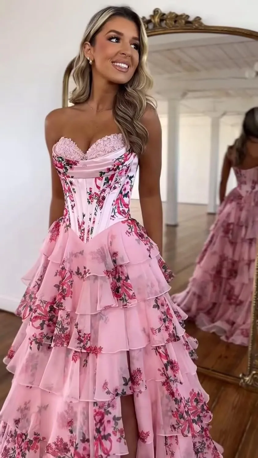 Fair Lady Strapless Prom Dresses for Women Long Corset Tiered Ruffle Chiffon Formal Evening Party Gowns with Slit